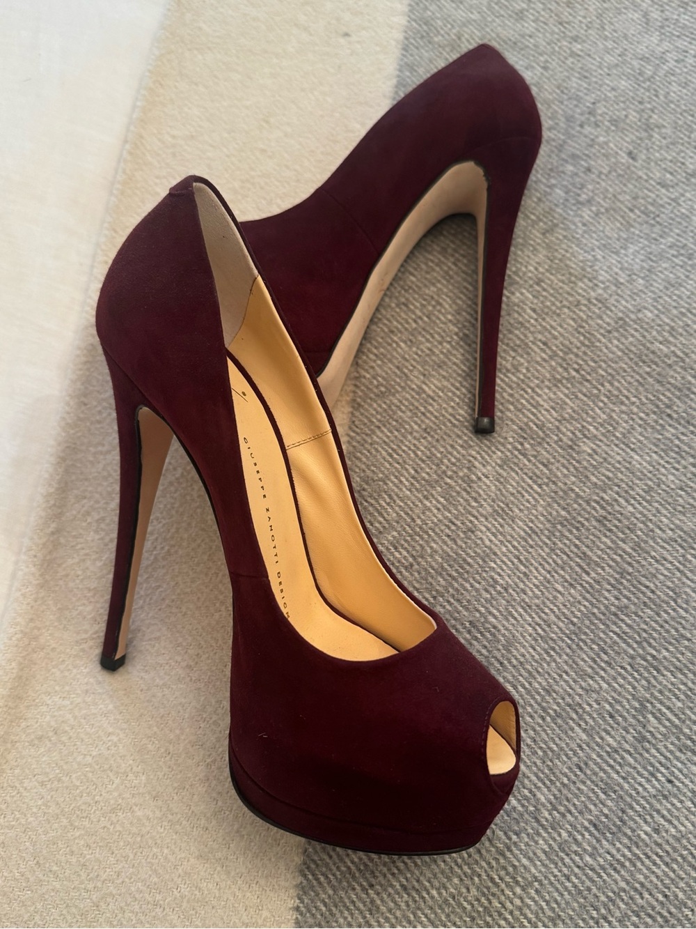 Giuseppe Zanotti Burgundy Suede Peep-Toe Stiletto Pumps